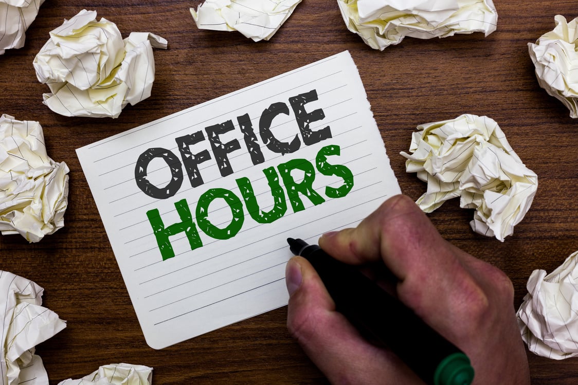 Conceptual hand writing showing Office Hours. Business photo showcasing The hours which business is normally conducted Working time Man holding marker notebook page crumpled papers mistakes.